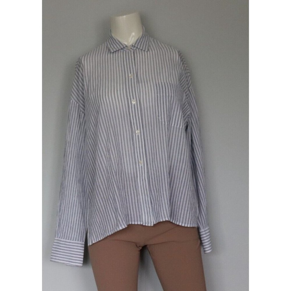 Vince Women's Size Small White Blue Relaxed-Fit Blouse Striped Button Down Shirt